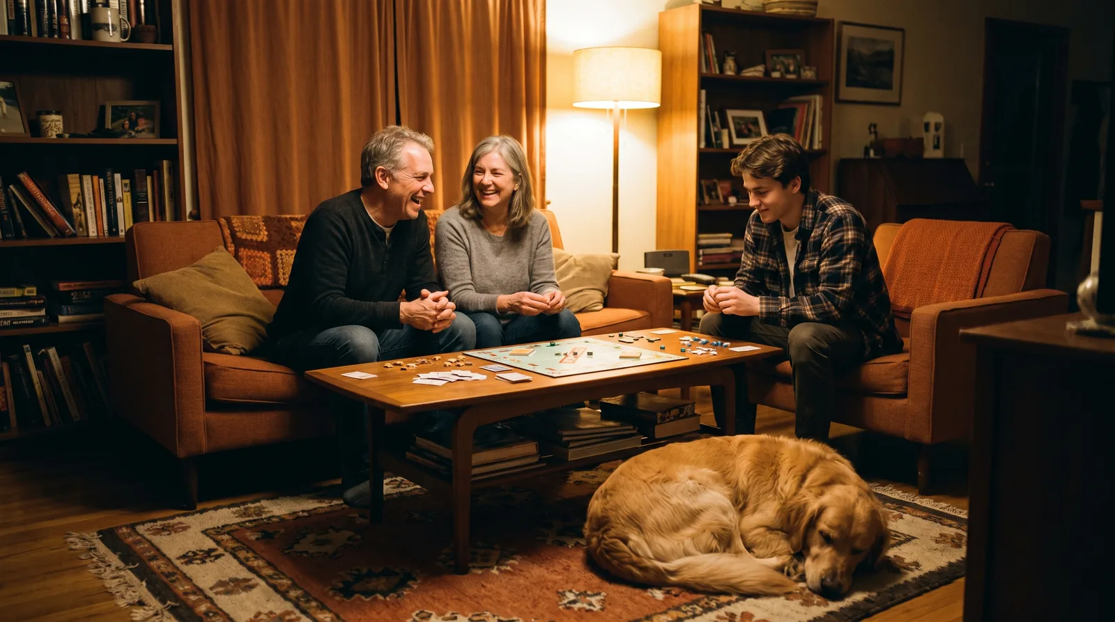 Parents and their adult son laughing together over a board game in their living room on an ordinary evening