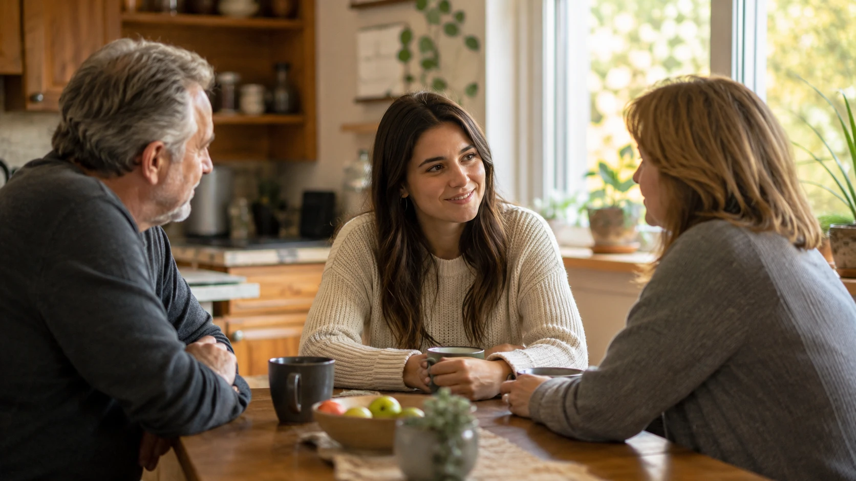 Parents talking with their adult daughter over coffee at the kitchen table
