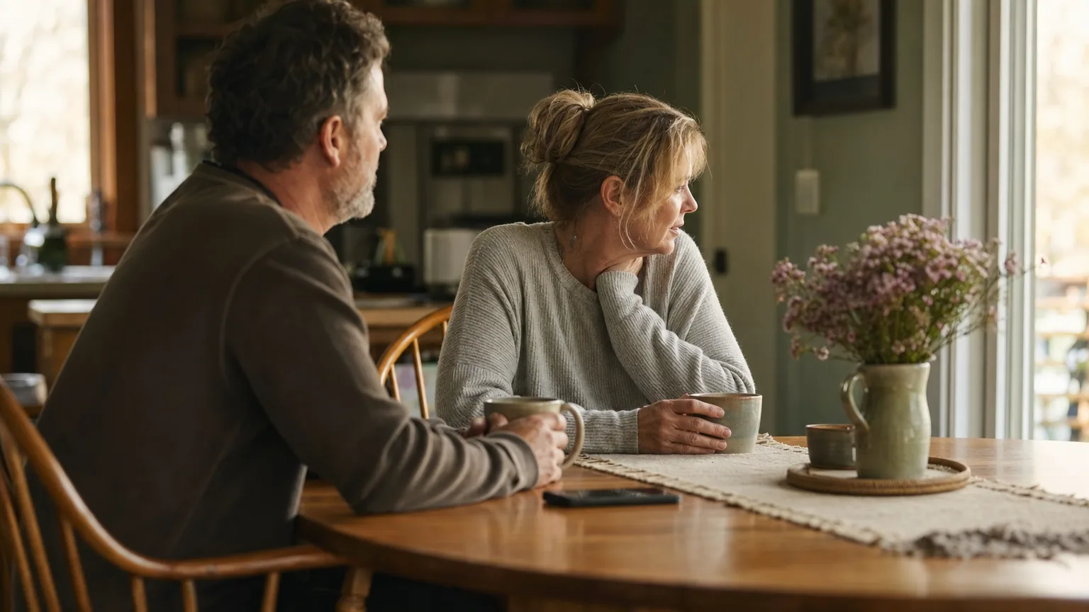 A mother and father talking quietly over coffee at their kitchen table in morning light