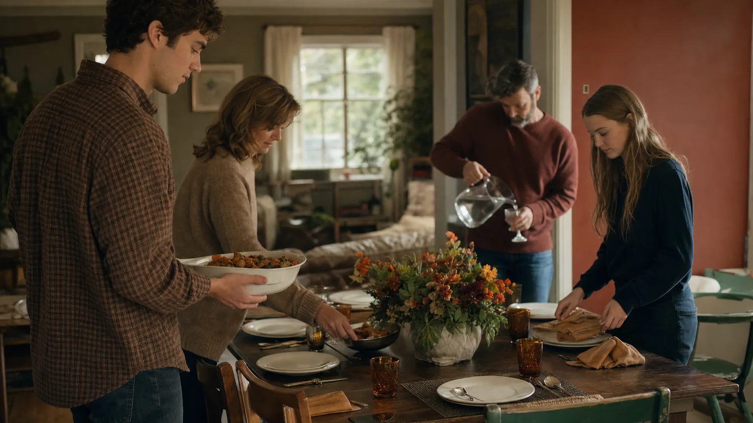 A family setting the dining table together for an autumn meal