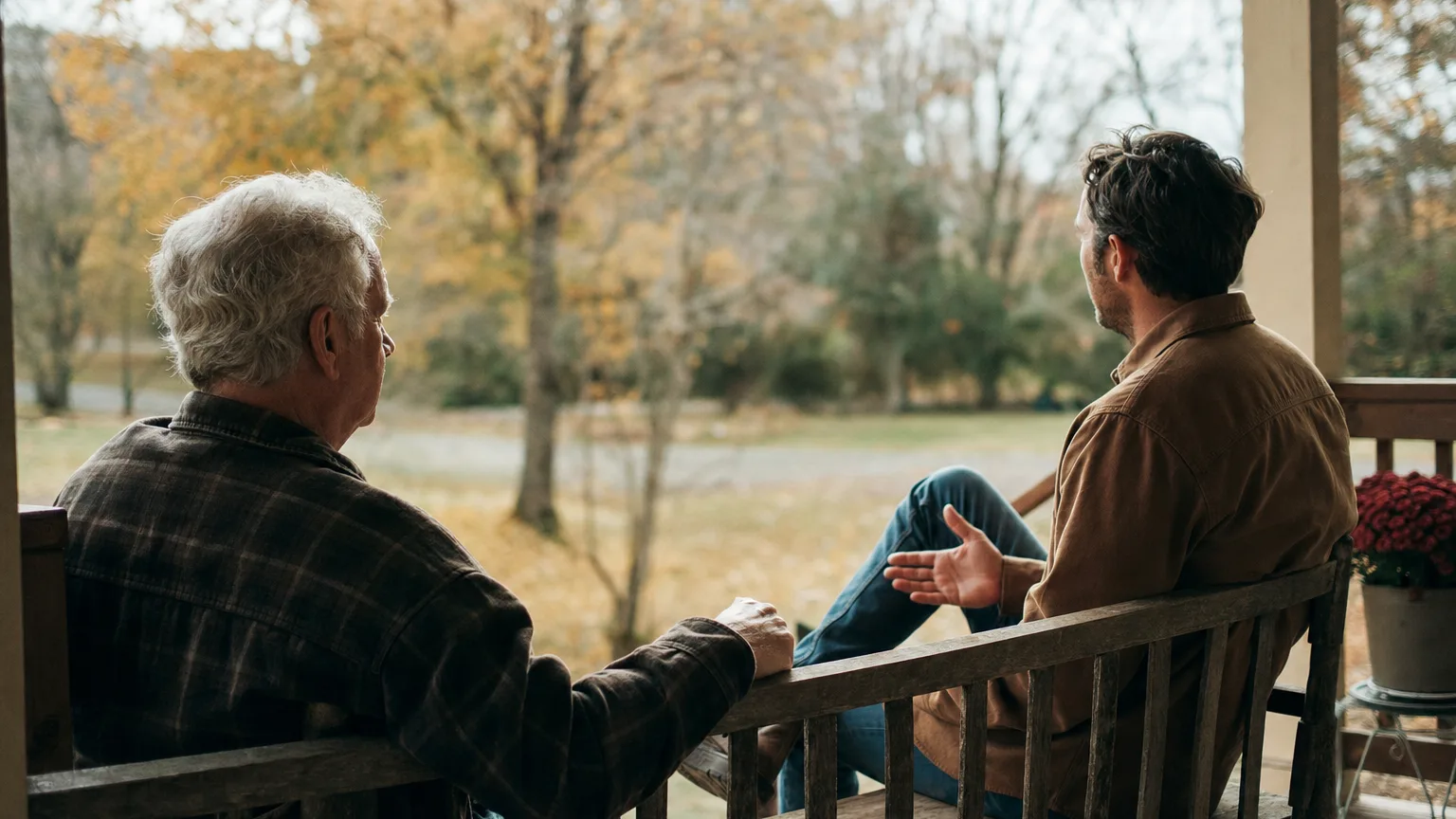 A father and his adult son sitting on a porch bench in autumn, talking with some space between them