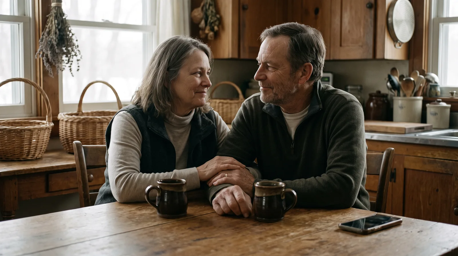 A husband and wife sitting close together at their kitchen table in the morning, hands clasped, having come to a decision together