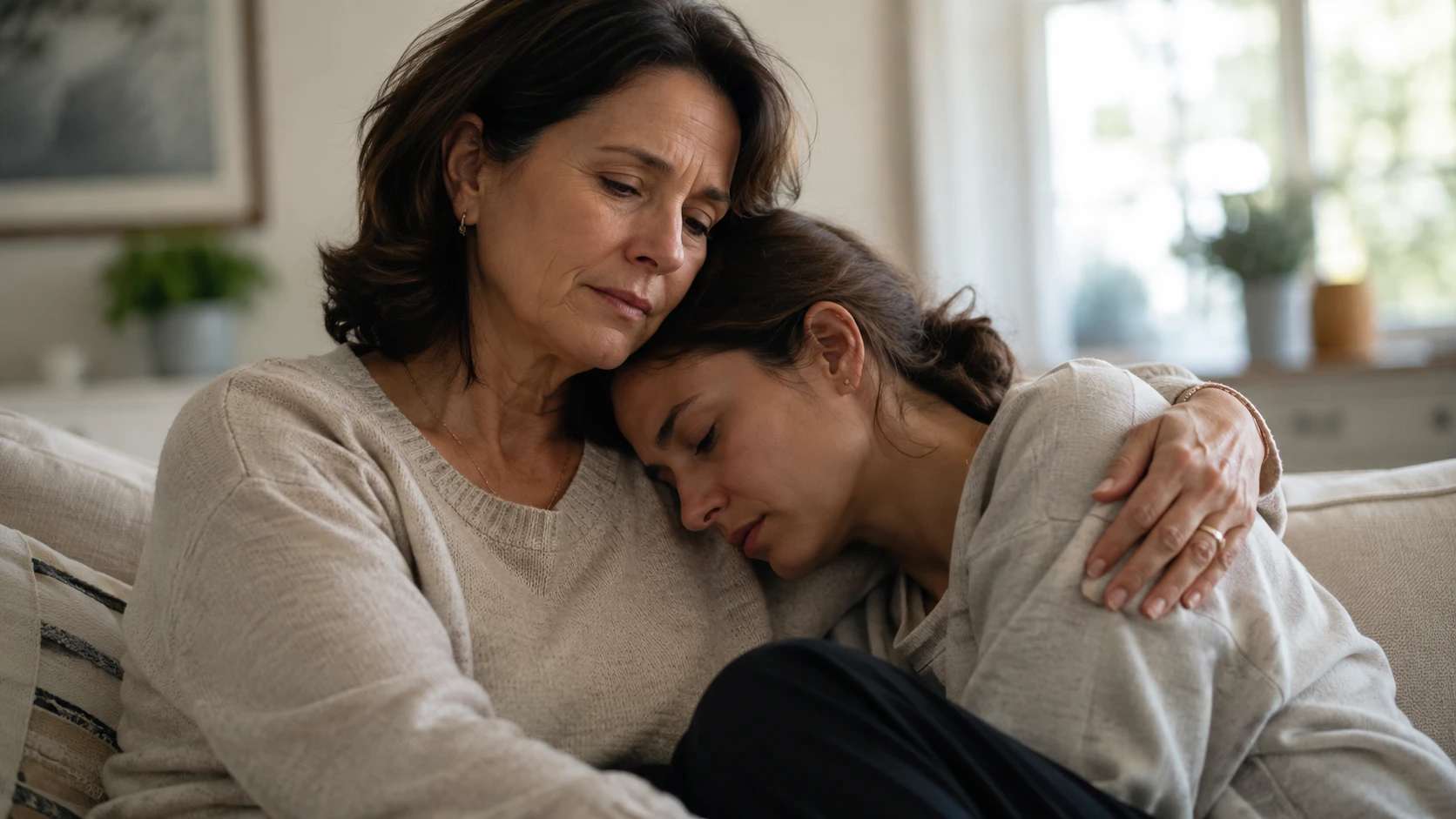 A mother holding her adult daughter close on a living room couch