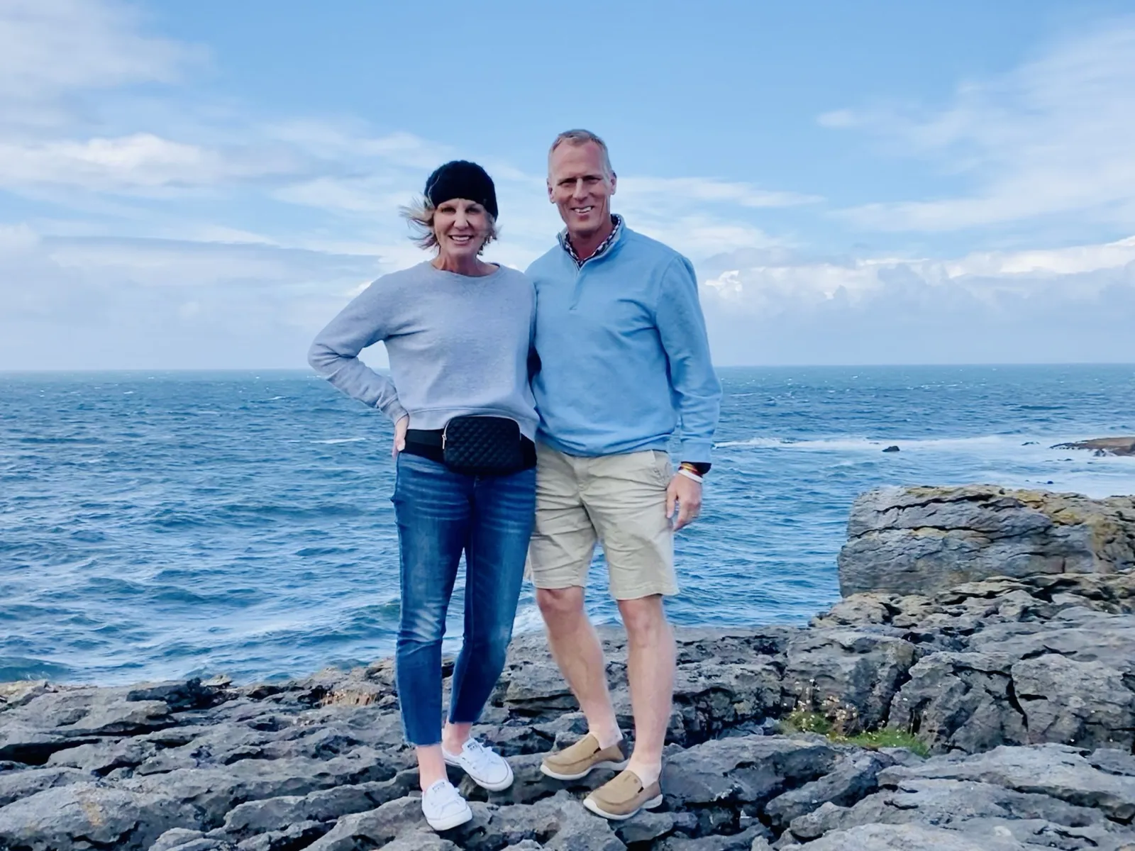 Gianna and her husband on the rocky coast of County Clare, Ireland