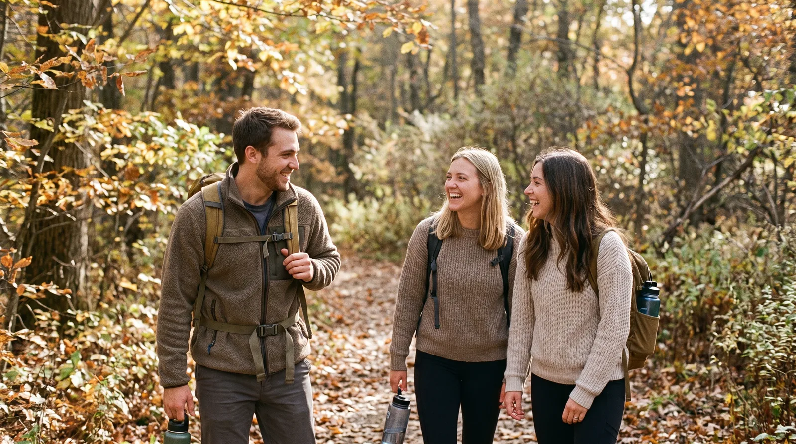 Three friends laughing together as they hike a wooded trail on an autumn morning