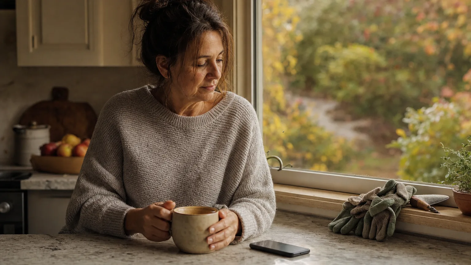 A mother alone at her kitchen counter at dawn with a cup of coffee, gardening gloves on the windowsill