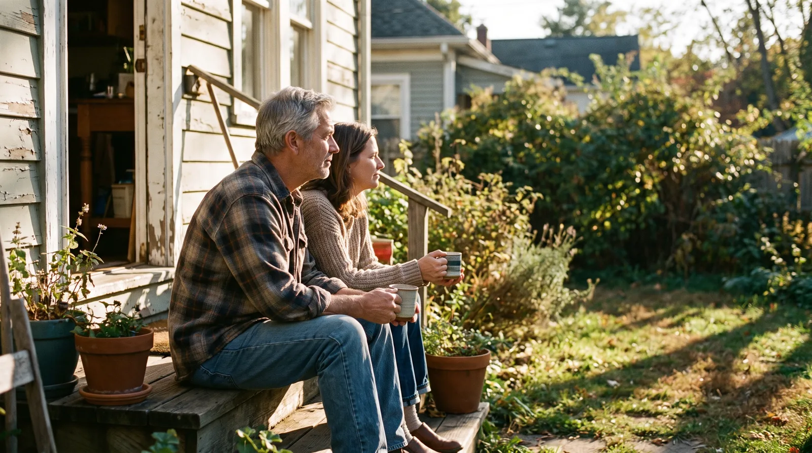 A father and his adult daughter sitting side by side on the back steps of their home in the evening light