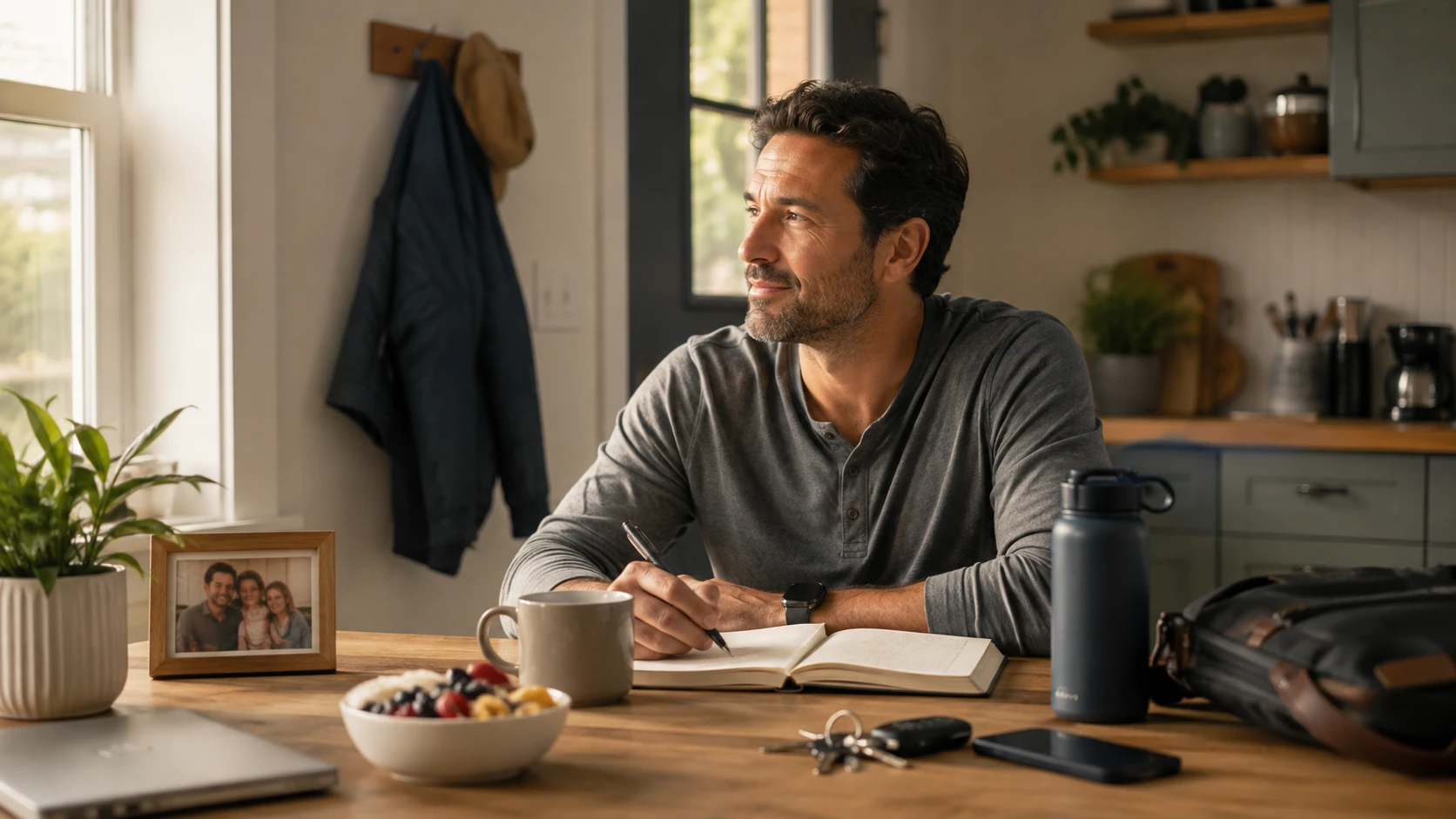 A man writing in a journal at his kitchen table in the morning, a framed family photo beside him