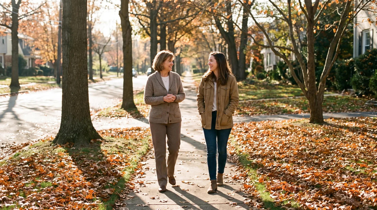 A mother and her adult daughter walking and talking together on a leafy sidewalk on an autumn afternoon