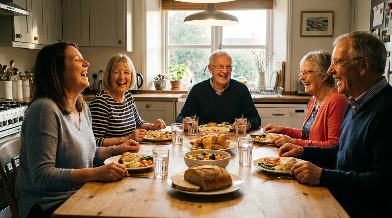 A family laughing together during a relaxed dinner at their kitchen table