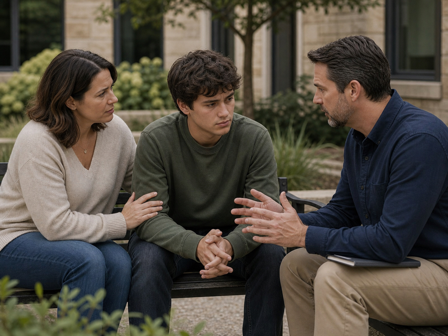 A young adult talking with a clinician in a quiet, calm setting