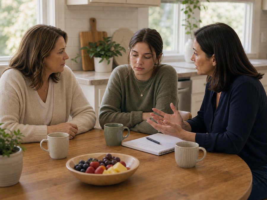 A supportive eating disorder family conversation in a kitchen