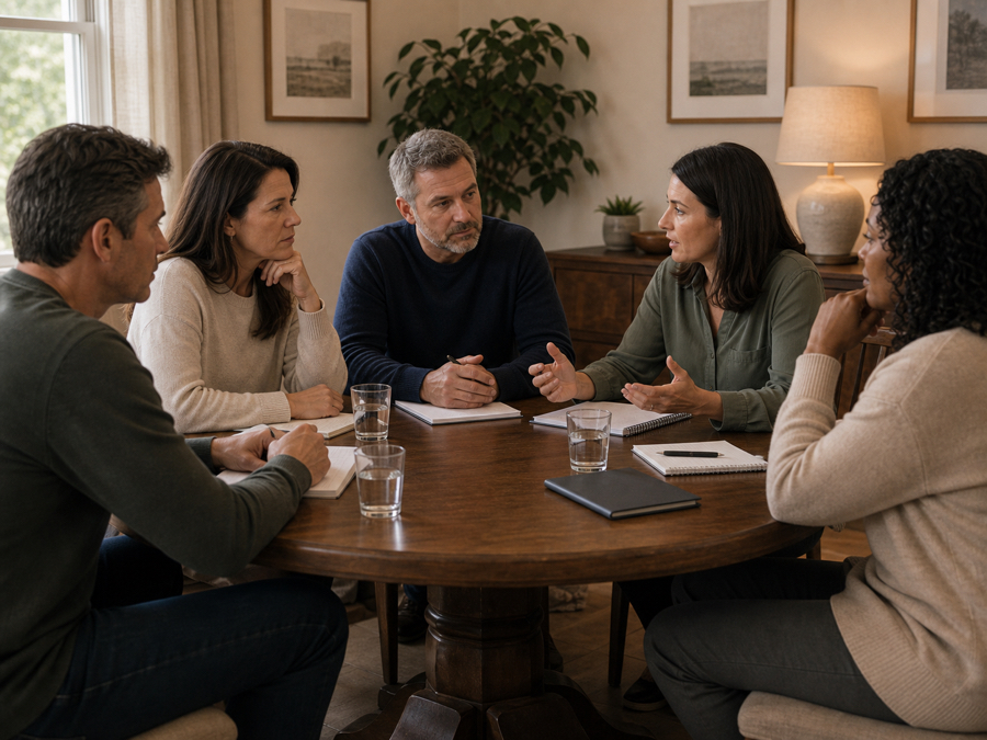 A family planning an intervention with a professional at a dining room table