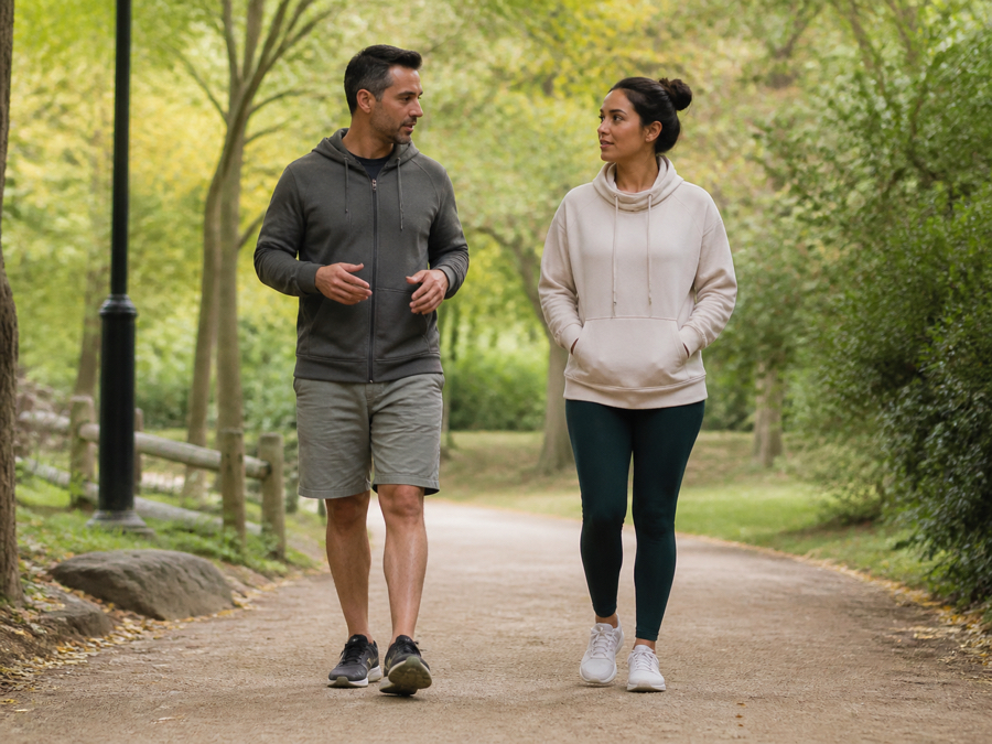 A recovery coach walking with a client outdoors