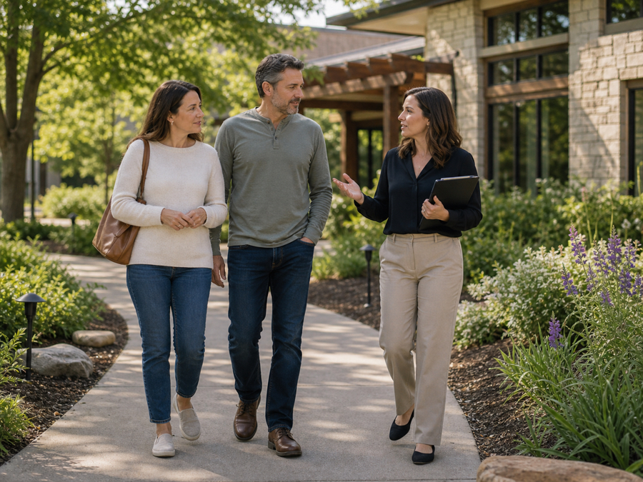 A treatment placement consultant walking with parents outside a care setting
