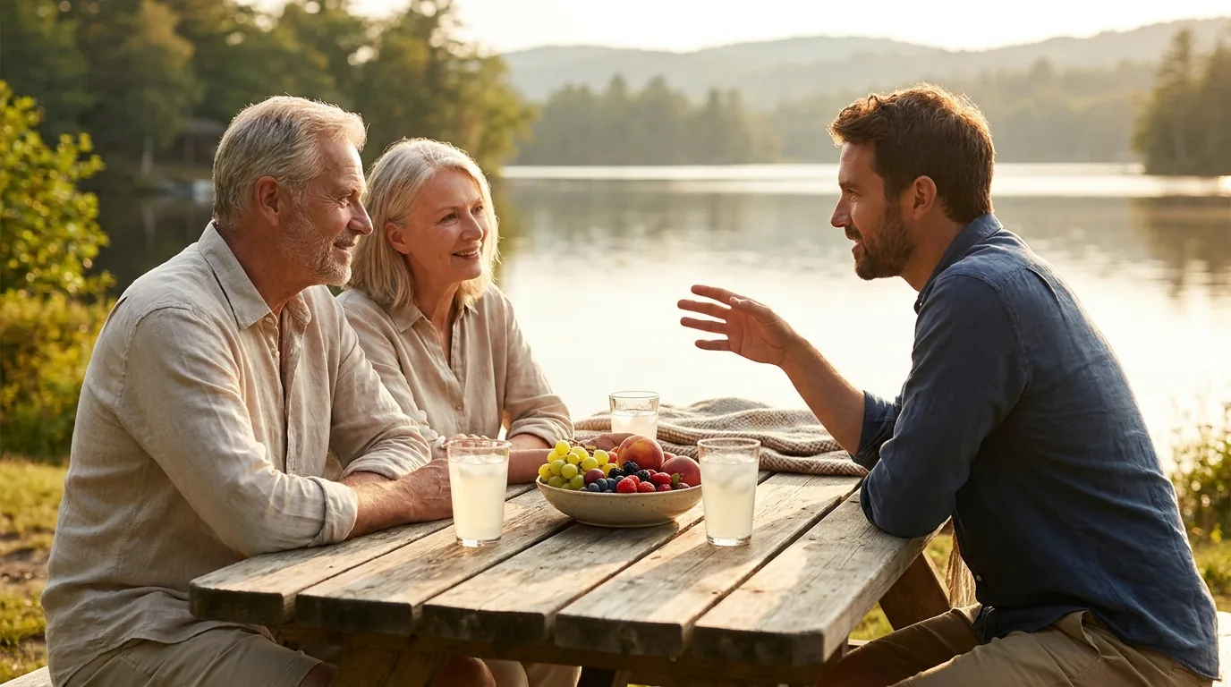 Parents and their adult son talking at a lakeside picnic table on a summer afternoon