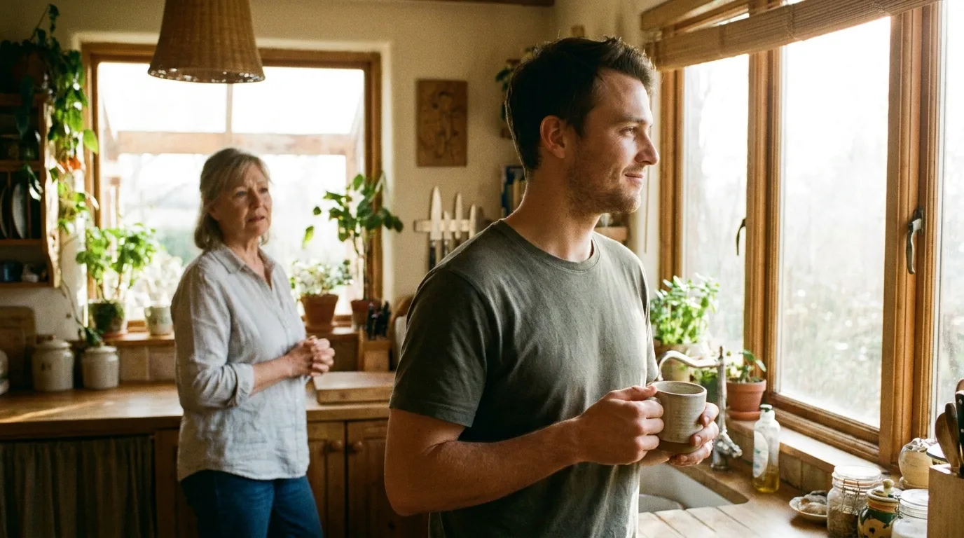 A young man with a coffee mug looking out the kitchen window while his mother watches from the background