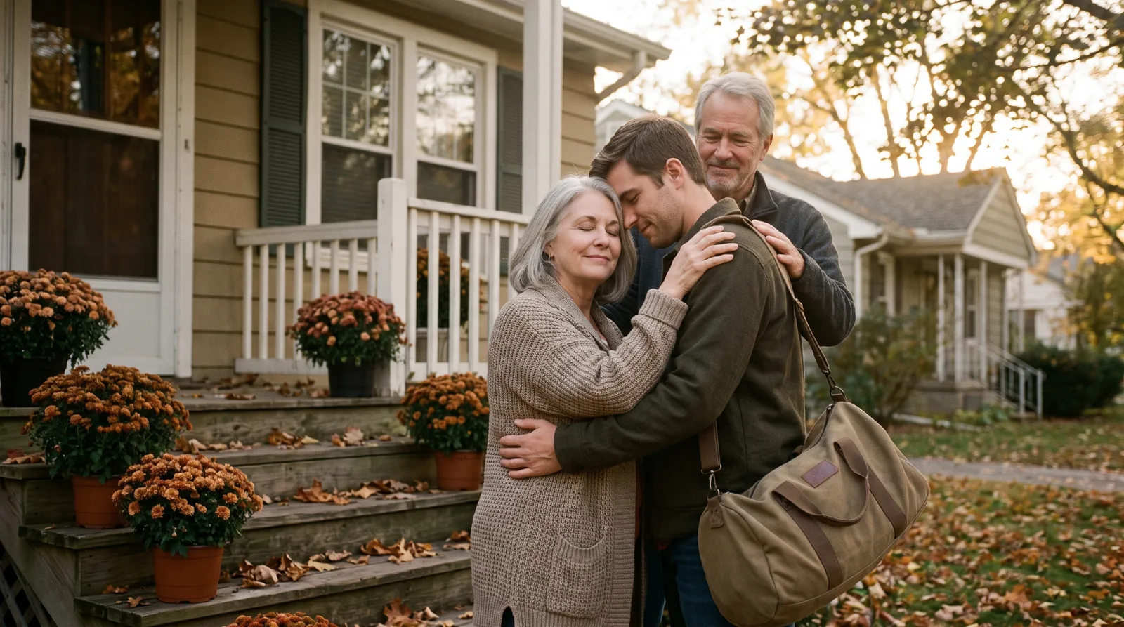 A mother hugging her adult son on the front steps as he arrives home with a duffel bag, his father’s hand on his shoulder