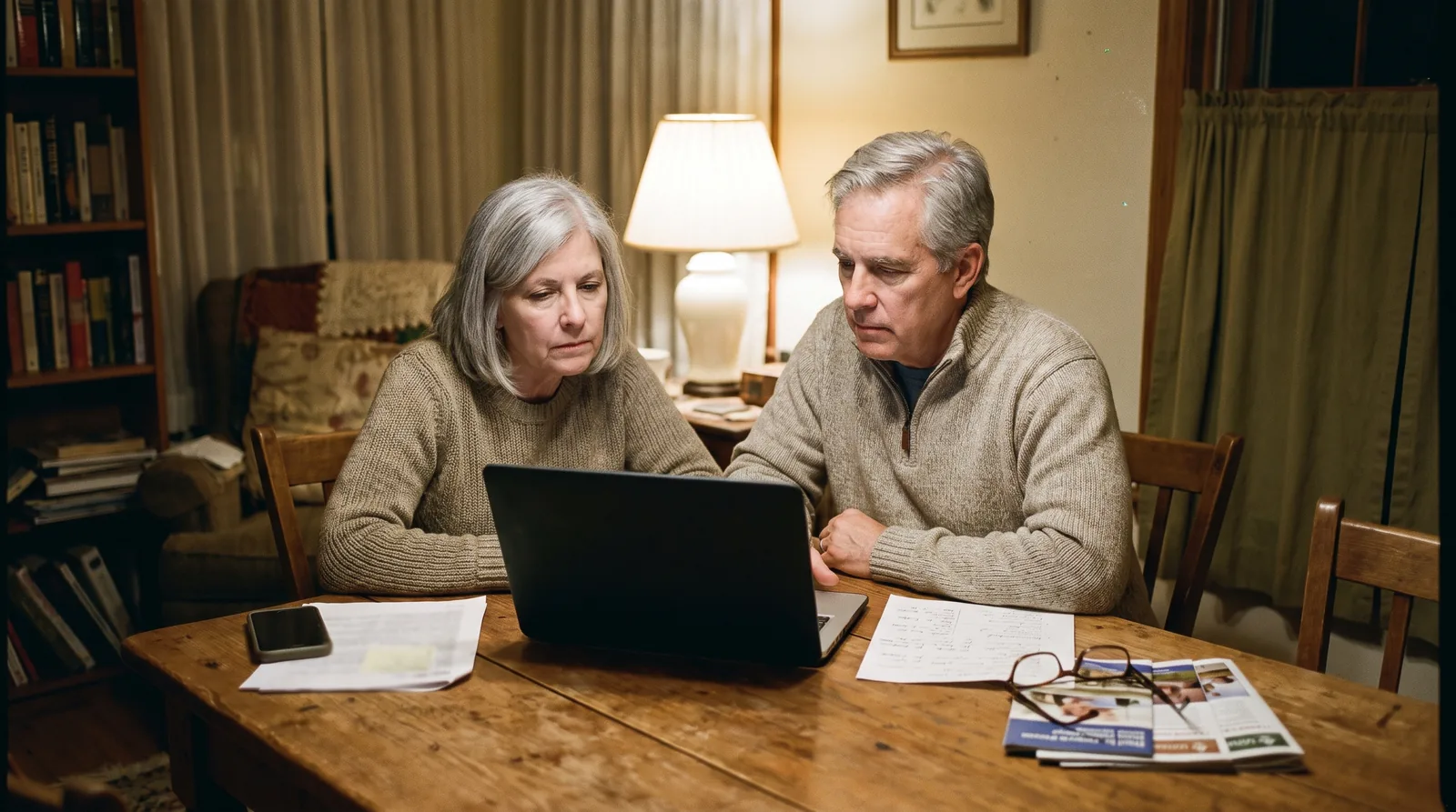 Parents sitting close together at their dining table in the evening, reading through treatment options on a laptop and printed pages