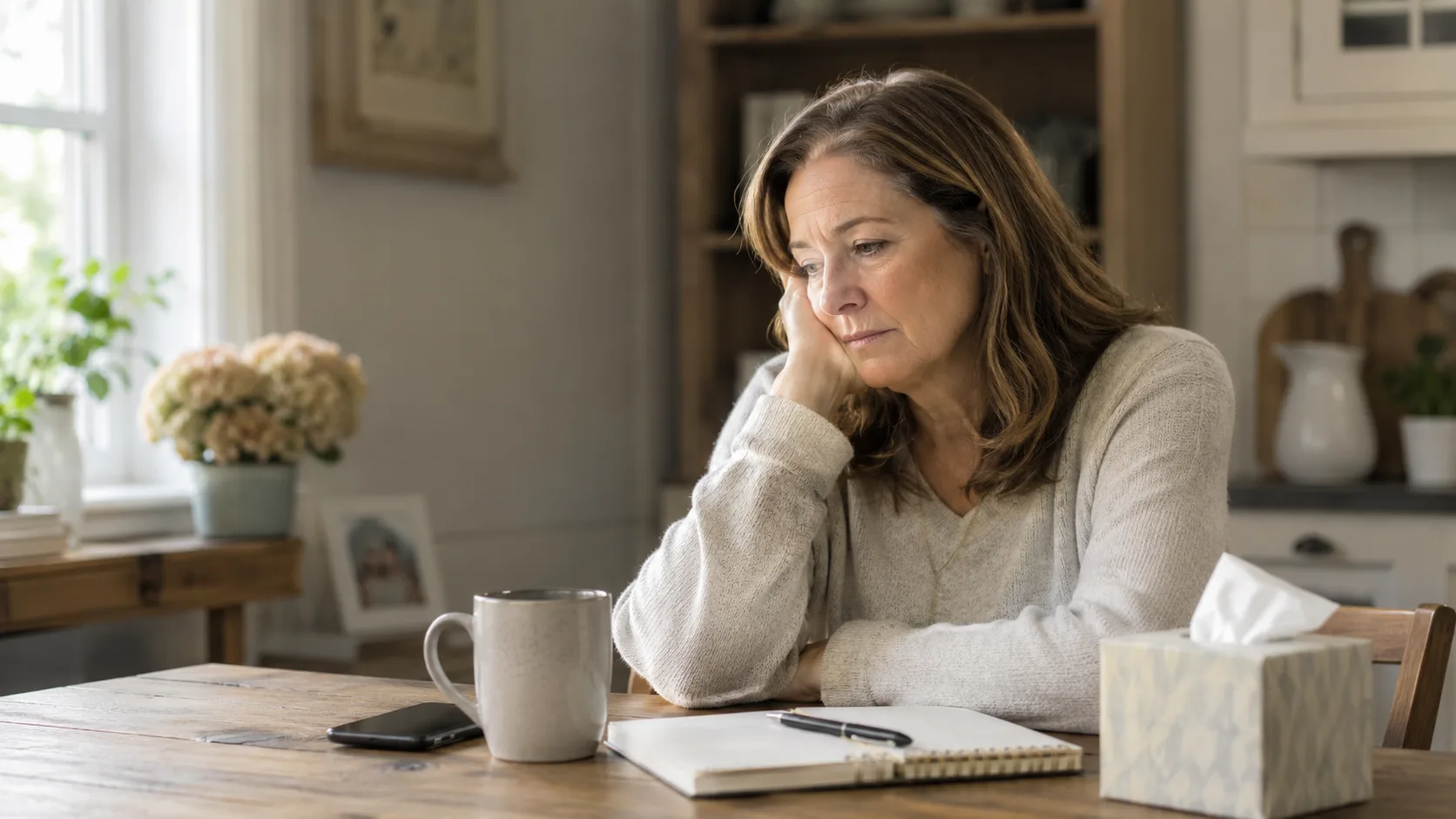 A mother sitting alone at her kitchen table with coffee, a notebook, and a box of tissues