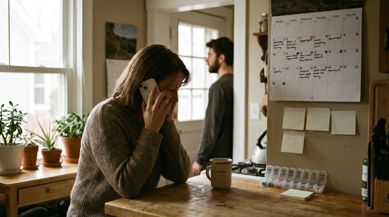 A mother standing at her kitchen counter with her phone, a wall calendar, and a pill organizer while her adult son stands in the doorway behind her