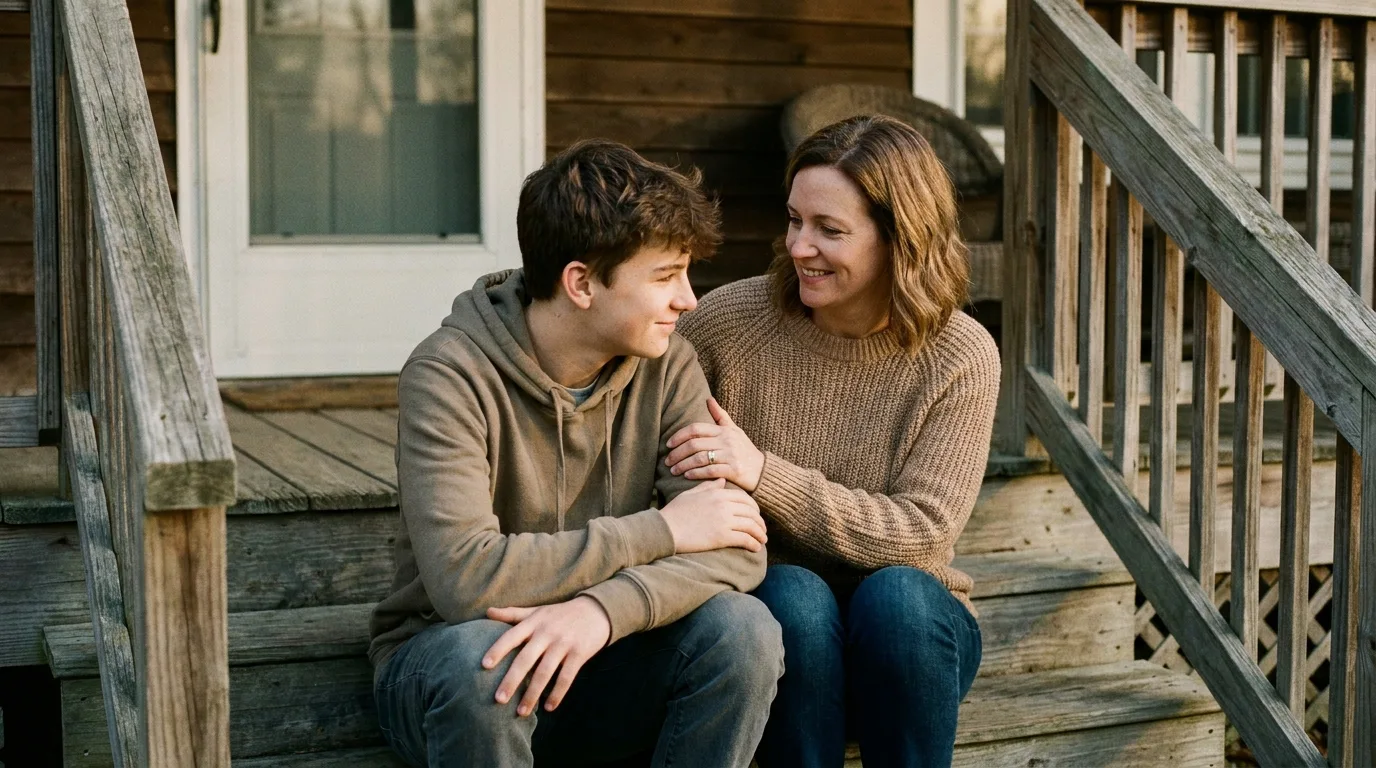 A mother sitting beside her teenage son on the front porch steps in supportive conversation